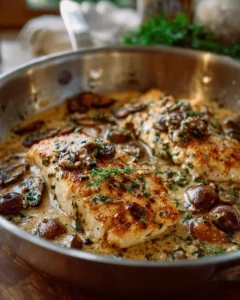 One Skillet Chicken with Garlicky Mushroom Cream Sauce served on a plate