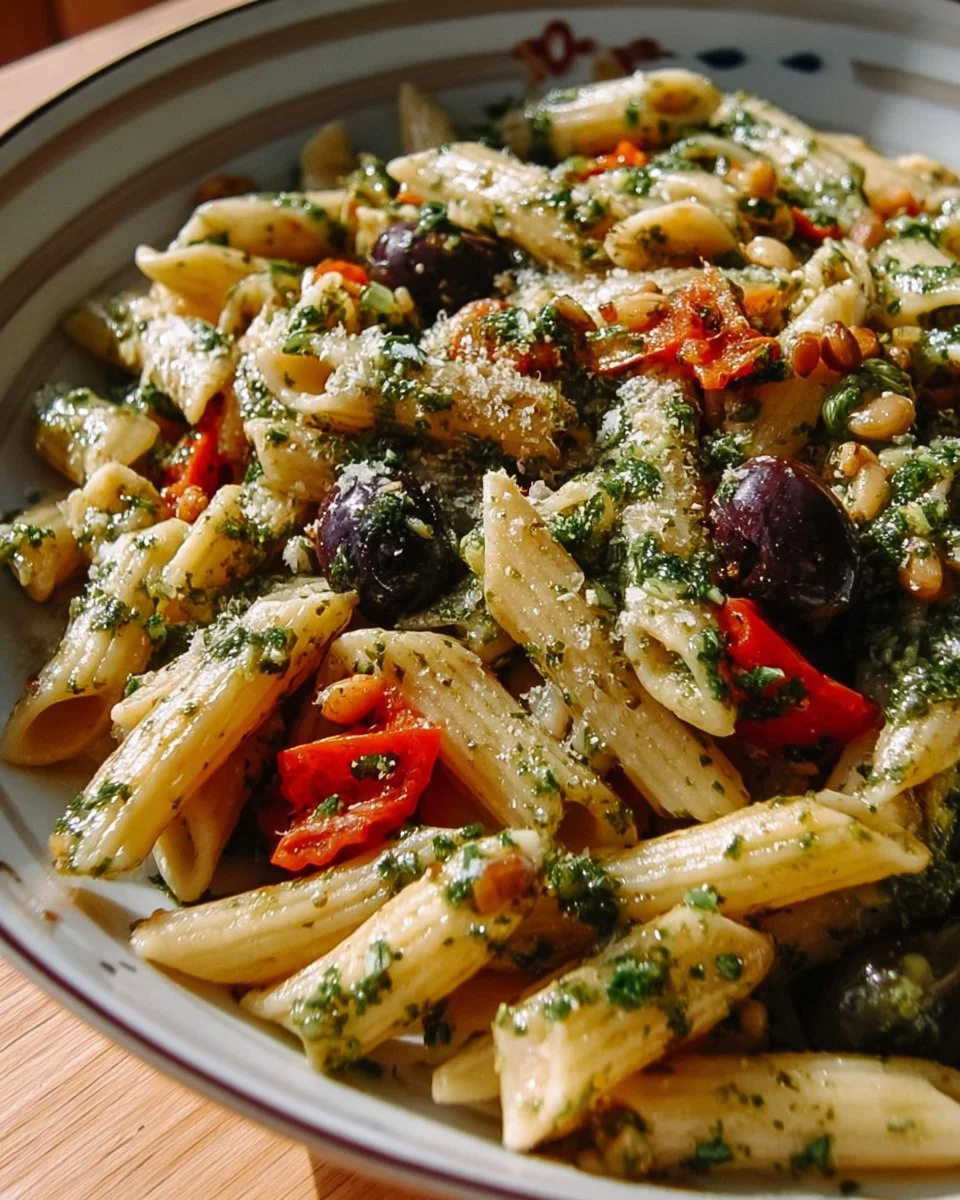 Delicious Pesto Penne Spring dish with fresh ingredients