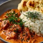 Delicious homemade butter chicken served with rice and naan bread.