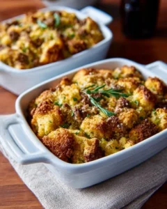 Sage Cornbread Stuffing served in a dish with herbs and spices