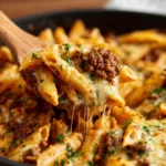 Delicious simple ground beef casserole ready to serve for a hearty meal.