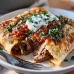 Delicious Slow Cooker Beef Enchiladas topped with cheese and fresh ingredients.