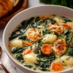 Bowl of Slow Cooker Chicken Gnocchi Soup garnished with fresh herbs