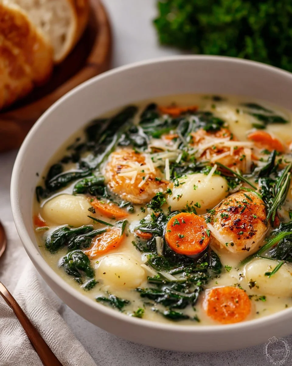 Bowl of Slow Cooker Chicken Gnocchi Soup garnished with fresh herbs