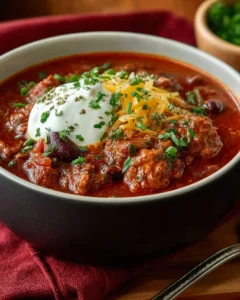 Slow cooker chili recipe with beans and spices in a bowl