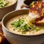 Creamy spiced cauliflower and garlic soup served in a bowl with herbs