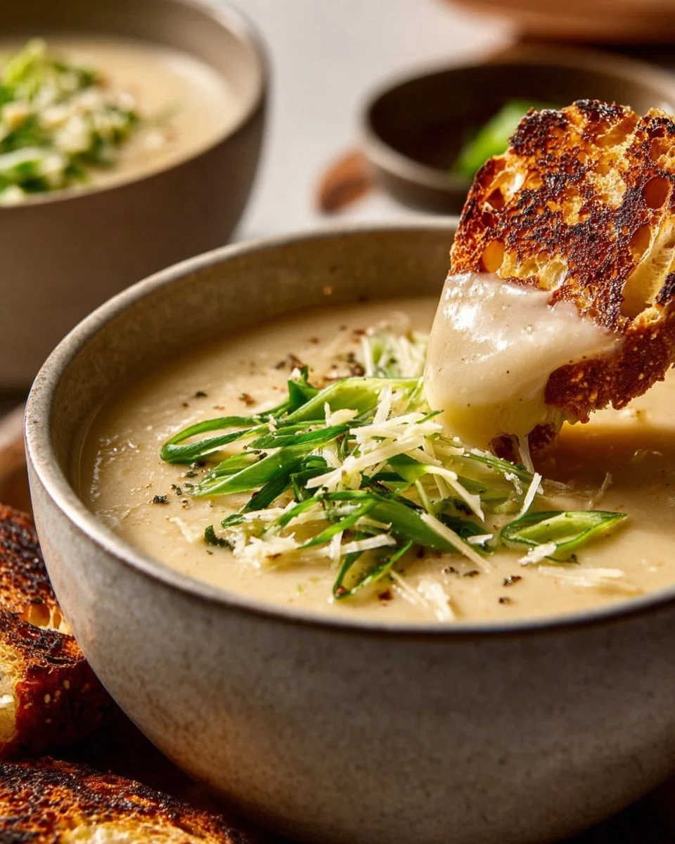 Creamy spiced cauliflower and garlic soup served in a bowl with herbs