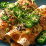 Spicy beef enchiladas served with cornmeal crepes and garnished with herbs