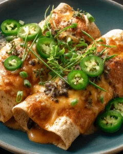 Spicy beef enchiladas served with cornmeal crepes and garnished with herbs