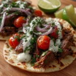 Plate of spicy beef shawarma tacos topped with fresh herbs and sauces