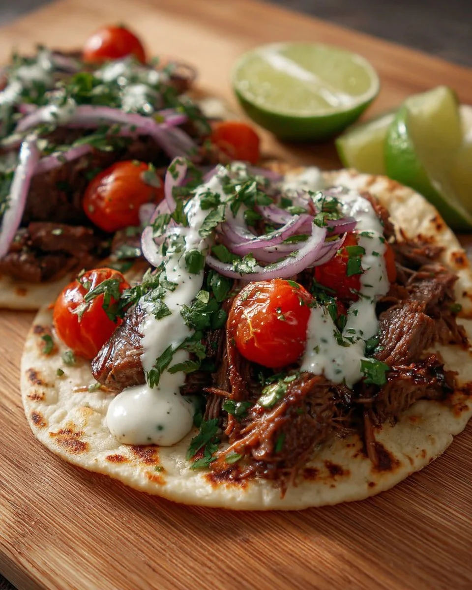 Plate of spicy beef shawarma tacos topped with fresh herbs and sauces