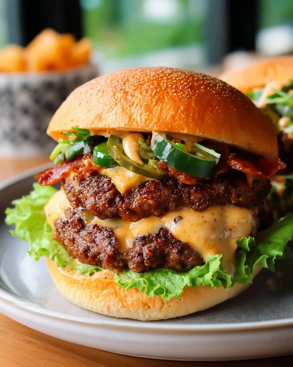 Spicy grilled smash-burgers with sriracha mayo on a bun