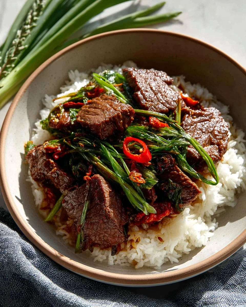 Delicious Stir-Fried Spicy Beef served with colorful vegetables