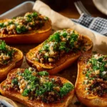 A delicious stuffed squash bake garnished with fresh herbs and vegetables.