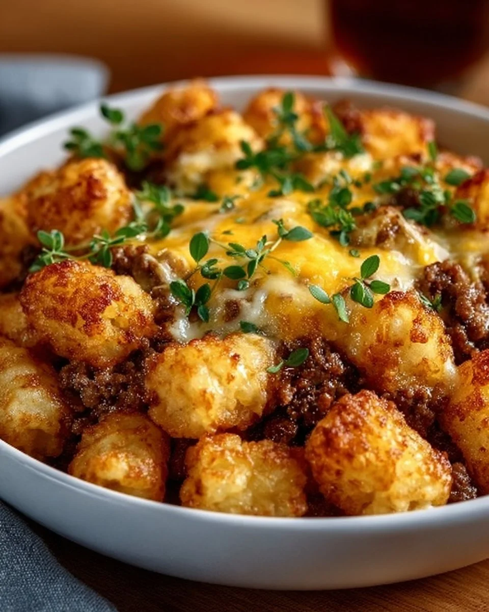 Delicious Tater Tot Casserole topped with crispy tater tots and savory beef