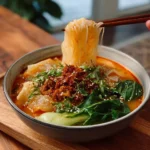 A bowl of steaming Vegan Dumpling Soup garnished with fresh herbs.