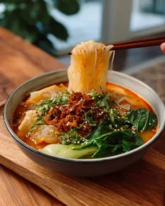 A bowl of steaming Vegan Dumpling Soup garnished with fresh herbs.
