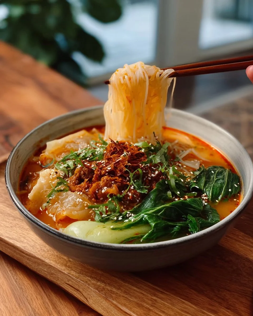 A bowl of steaming Vegan Dumpling Soup garnished with fresh herbs.
