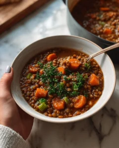 Bowl of hearty Vegan Lentil Soup with fresh vegetables and spices