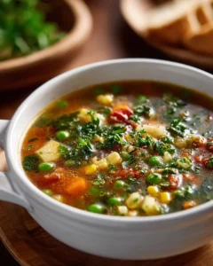Bowl of vibrant vegetable soup filled with fresh veggies and herbs