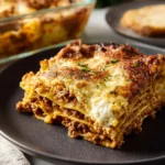 Plate of authentic Italian lasagna with layers of cheese and meat sauce