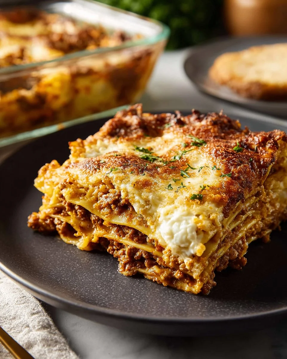 Plate of authentic Italian lasagna with layers of cheese and meat sauce