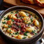Bacon Cheddar Gnocchi Soup garnished with herbs in a bowl