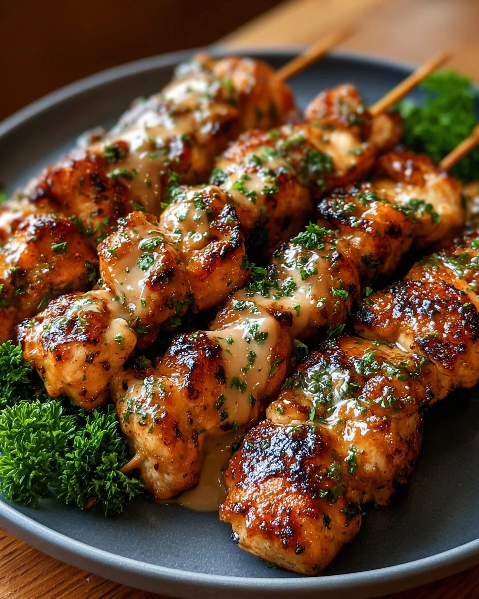 Spicy Bang Bang Chicken Skewers served on a grill platter with sauces