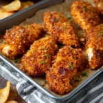 BBQ potato chip chicken tenders on a plate, garnished with herbs.