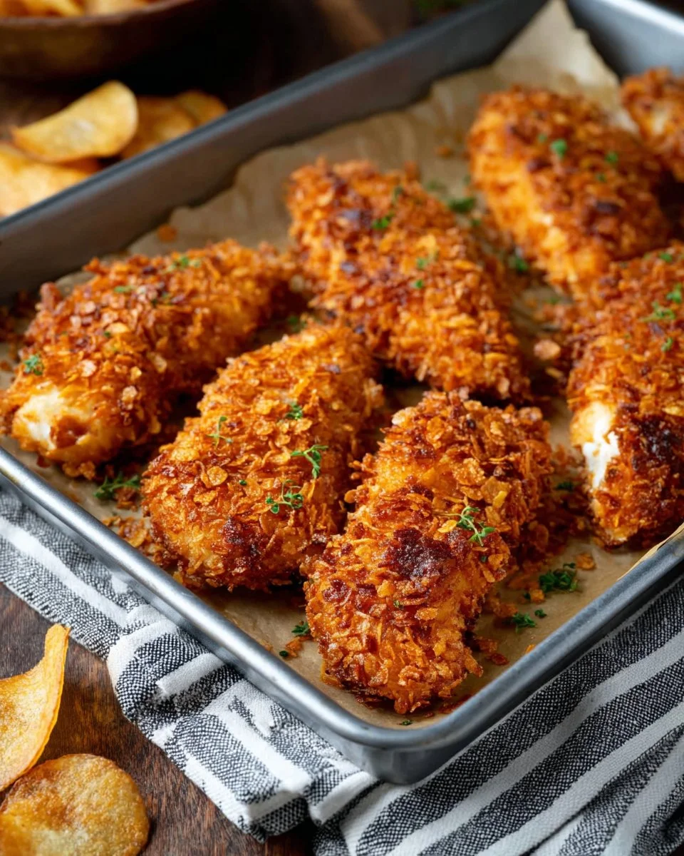 BBQ potato chip chicken tenders on a plate, garnished with herbs.