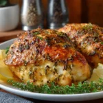 Brined garlic herb turkey breast served on a platter with herbs and garlic.