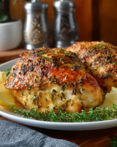 Brined garlic herb turkey breast served on a platter with herbs and garlic.