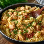 Delicious plate of Buffalo Chicken Pasta with spicy sauce and creamy texture.