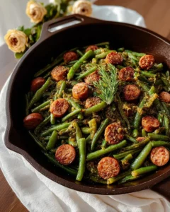 Delicious Cajun smothered green beans with sausage served in a bowl