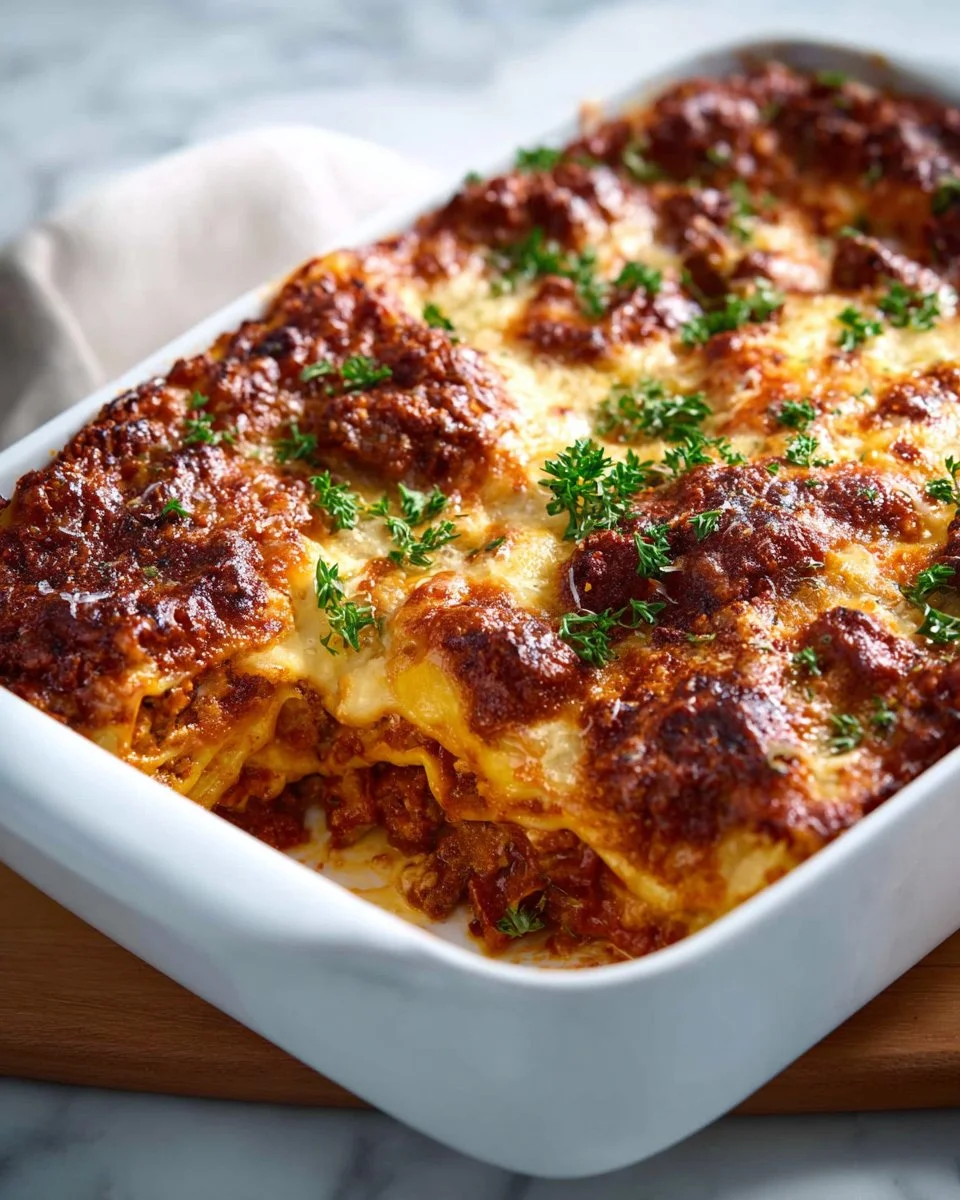 Delicious cheesy beef lasagna served in a baking dish