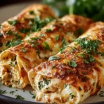 Cheesy chicken garlic wraps served on a plate, garnished with fresh herbs.