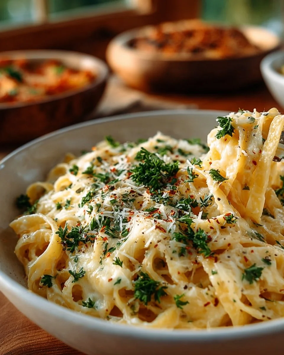Delicious garlic parmesan spaghetti topped with cheese and herbs
