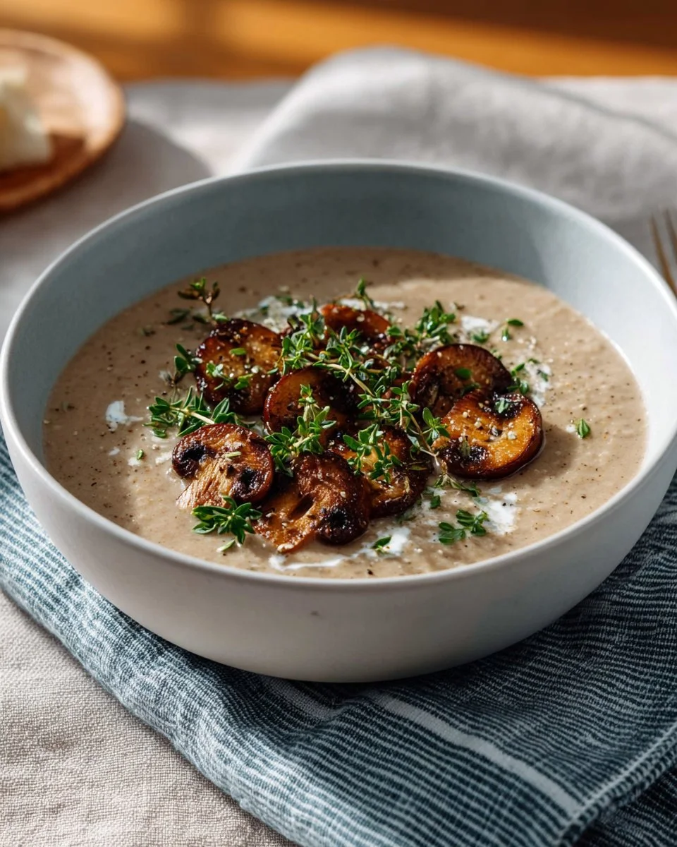 Bowl of Chef John's creamy mushroom soup garnished with herbs