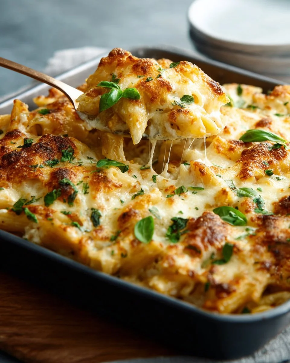 Delicious Chicken Alfredo Casserole served in a baking dish