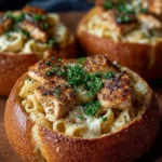 Chicken Alfredo Garlic Bread Bowls filled with creamy pasta and rich garlic flavors