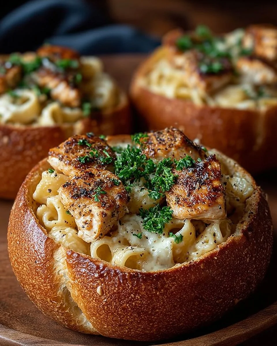 Chicken Alfredo Garlic Bread Bowls filled with creamy pasta and rich garlic flavors