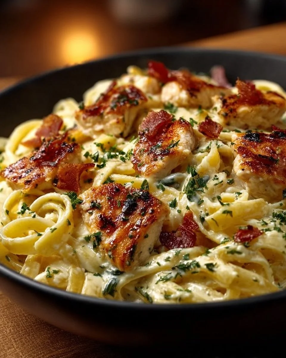 Creamy Chicken Bacon Ranch Pasta with crispy bacon and seasonings