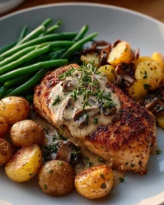 Delicious chicken in white wine sauce served on a plate with herbs.