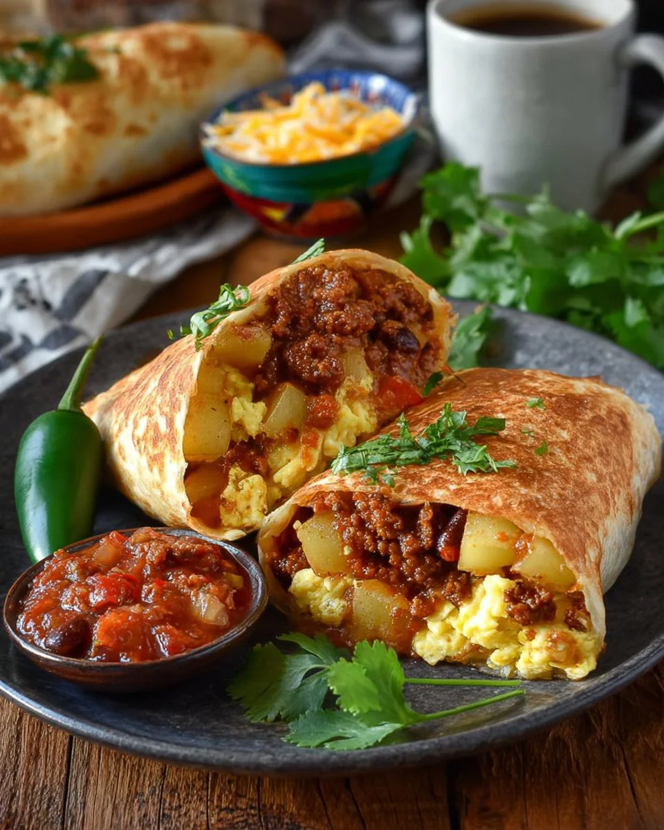 Delicious Chorizo Breakfast Burrito filled with eggs and spices