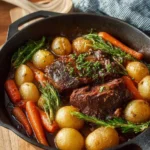 Classic pot roast served with vegetables in a rustic dish