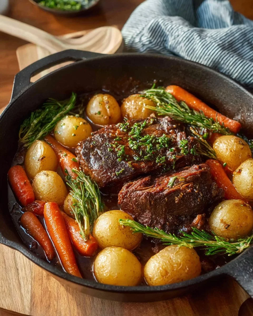 Classic pot roast served with vegetables in a rustic dish