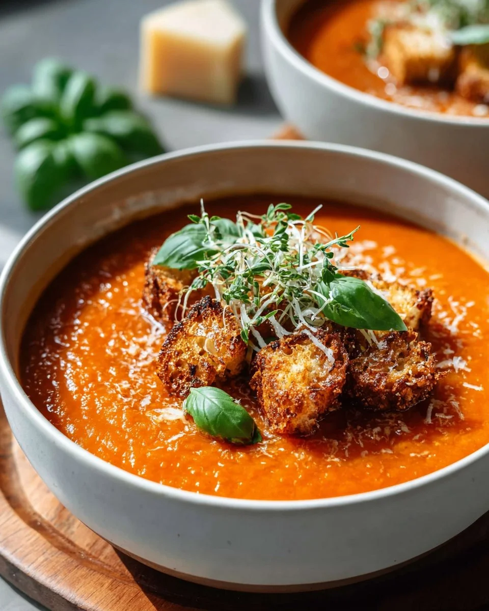 Bowl of Classic Tomato Basil Soup garnished with fresh basil leaves