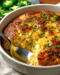 Delicious corn pudding dish served in a bowl, garnished with herbs.