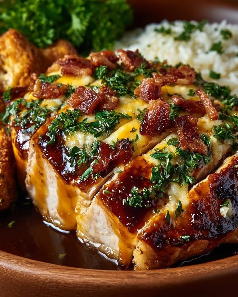 Delicious Cowboy BBQ Bacon Cheddar Chicken served on a plate with sides.