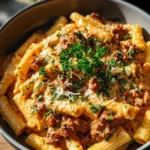 Creamy beef pasta topped with parsley in a white bowl